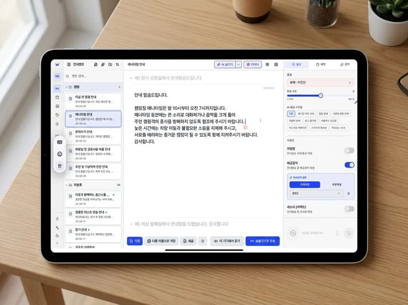 캠핑장 야외 테이블 위에서 매너타임 안내방송 예약 일정을 보여주는 태블릿 화면