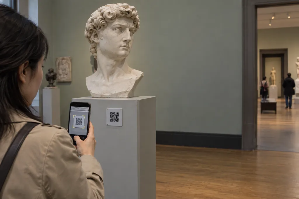 A visitor scanning the QR code beside a bust of David in a museum sculpture gallery