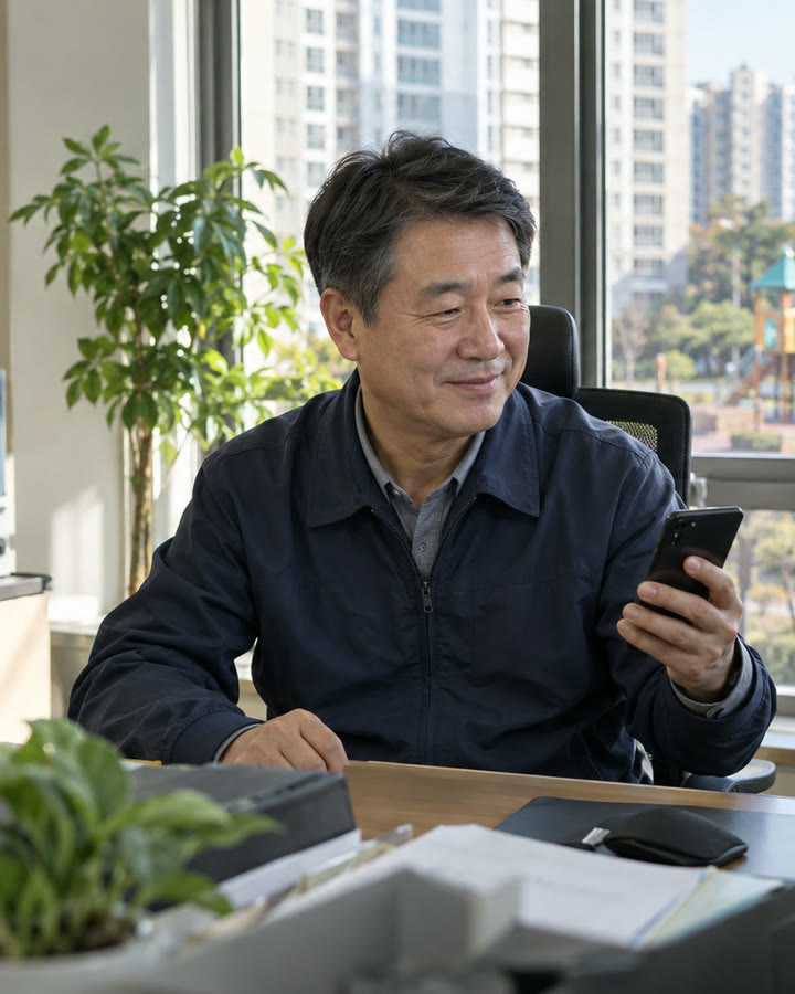 아파트 관리사무소에서 관리소장이 휴대폰과 모니터로 단지 안내방송을 예약하며 미소 짓는 모습, 창밖으로 아파트 단지