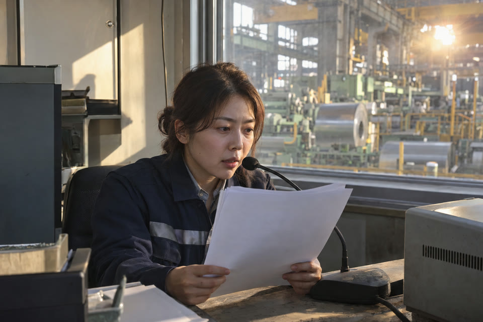 소음이 큰 공장 방송실에서 안전관리자가 마이크 앞에 서서 지친 표정으로 직접 안내방송을 하는 모습