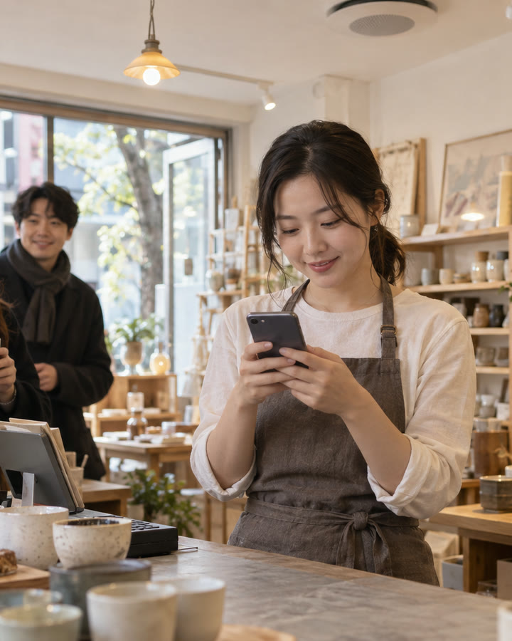 작은 매장 카운터에서 사장님이 휴대폰으로 안내방송을 예약하며 편안하게 미소 짓는 모습